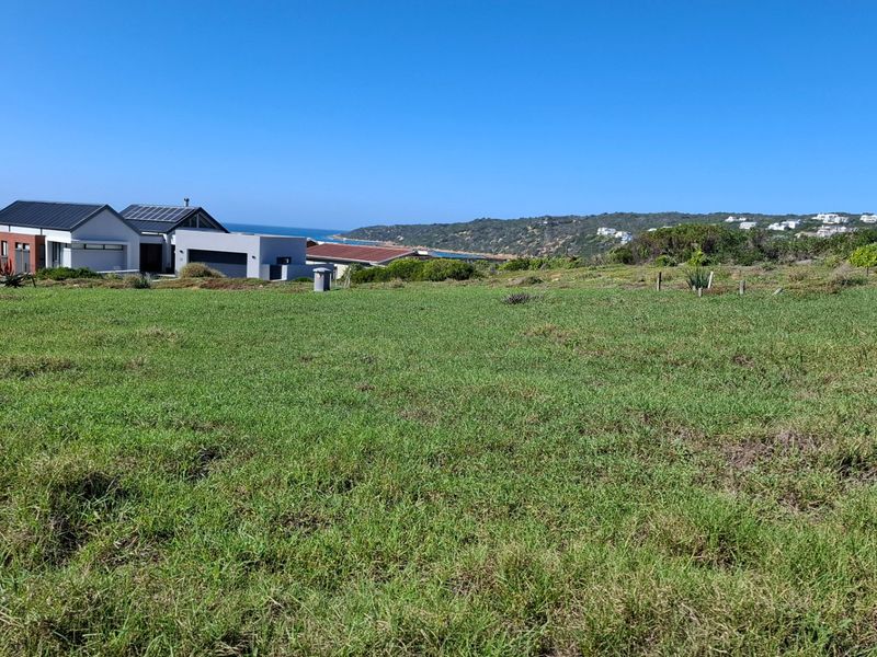 A vacant residential plot featuring natural coastal vegetation and expansive views of the surrounding landscape and nearby oceanfront properties.