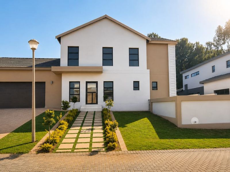 Modern two-story residential home featuring a paved driveway, double garage, and a well-maintained front garden with a paved walkway leading to the entrance.
