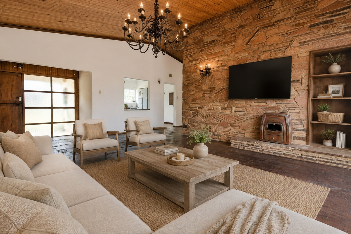 Spacious living room featuring a striking stone feature wall, timber ceiling, built-in shelving, and a classic cast iron fireplace.