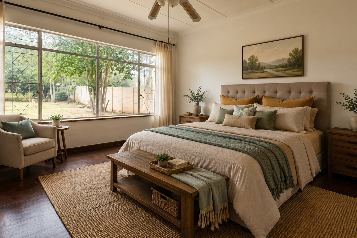 A spacious bedroom featuring warm parquet flooring, a large picture window with garden views, and a ceiling fan.