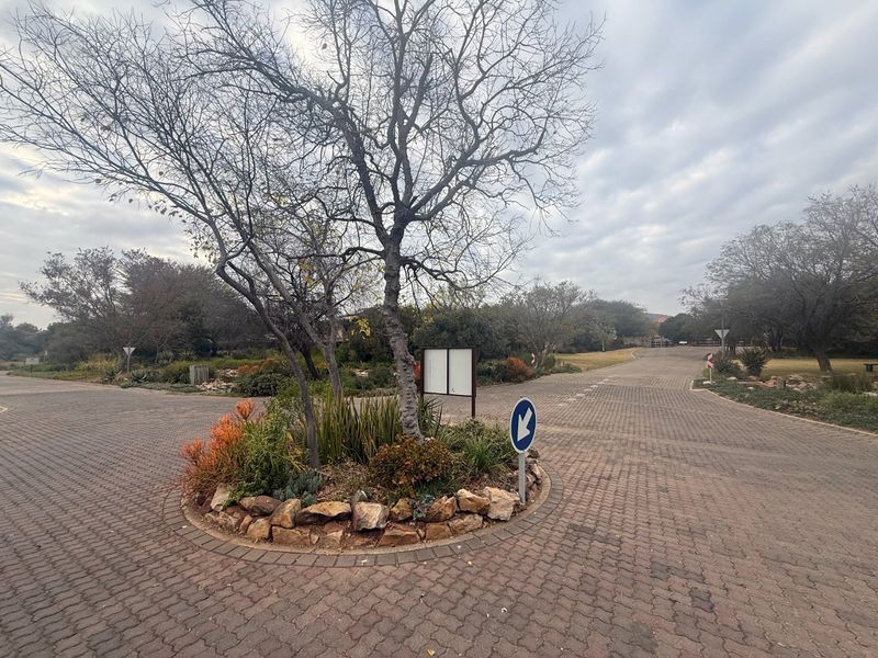 A view of the paved residential street and landscaped traffic island within the estate.