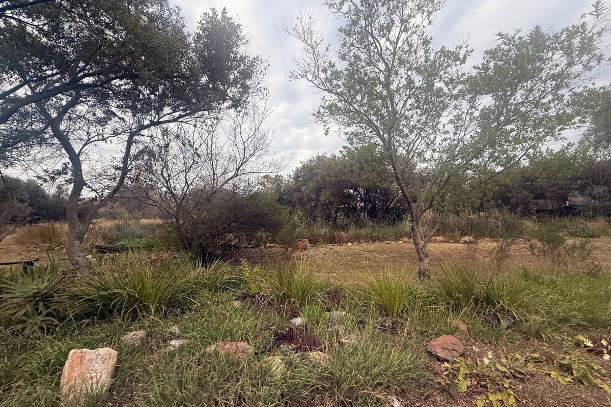 A natural, established garden area featuring mature trees, indigenous grasses, and rock features, offering a peaceful and private outdoor setting.