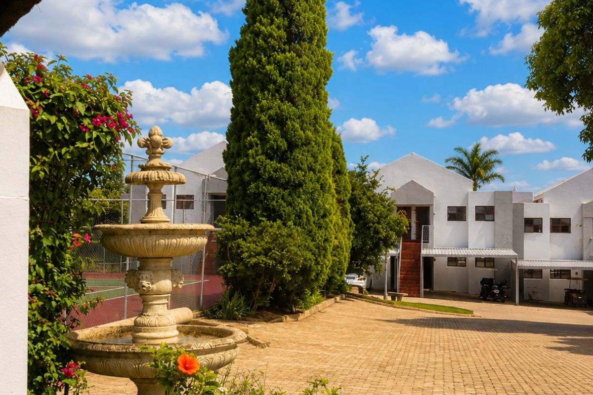 A well-maintained exterior courtyard featuring a decorative stone fountain, paved driveway, and landscaped garden area leading to the apartment complex.