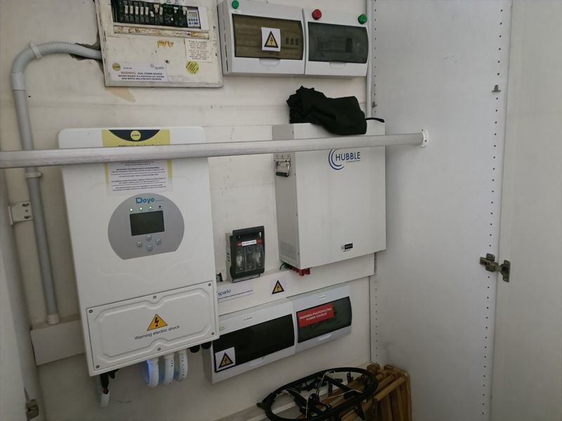 Utility area featuring a wall-mounted solar inverter, lithium battery storage system, and multiple electrical distribution boards.