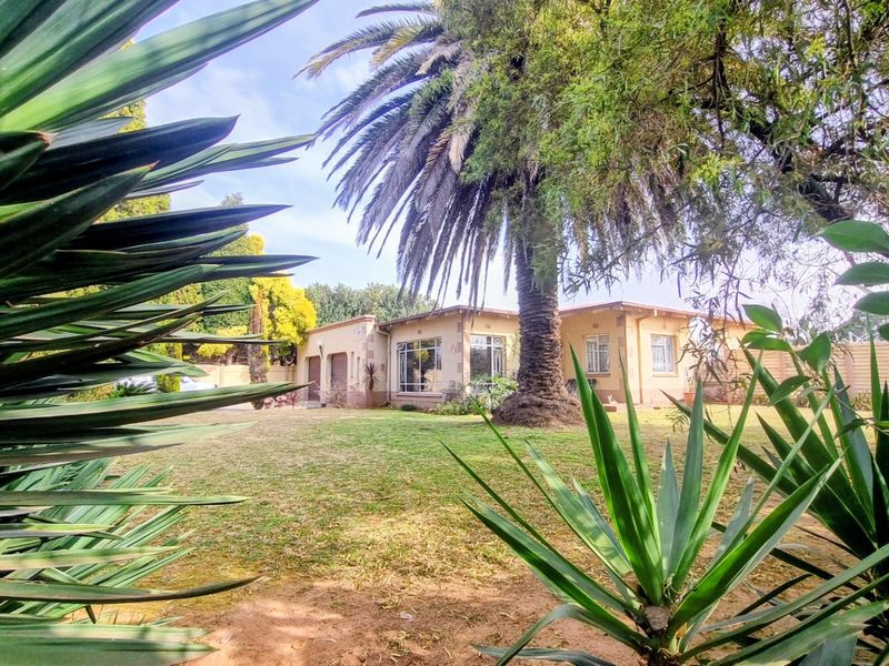 A view of the front facade of a single-story brick house, featuring a well-established garden with a large palm tree and an attached garage.