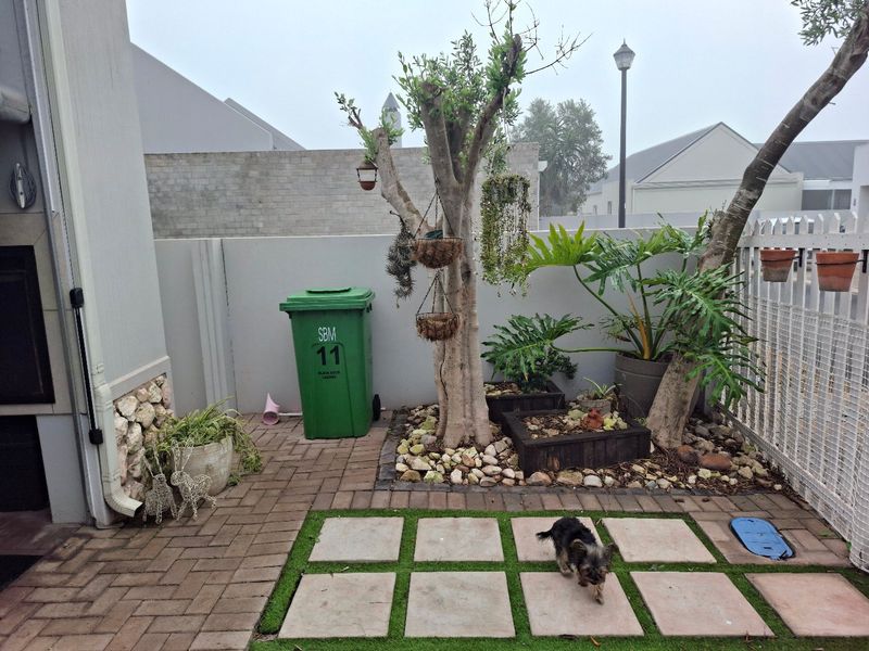 A compact rear courtyard featuring paved areas, artificial lawn with stepping stones, a built-in braai, and established garden beds.