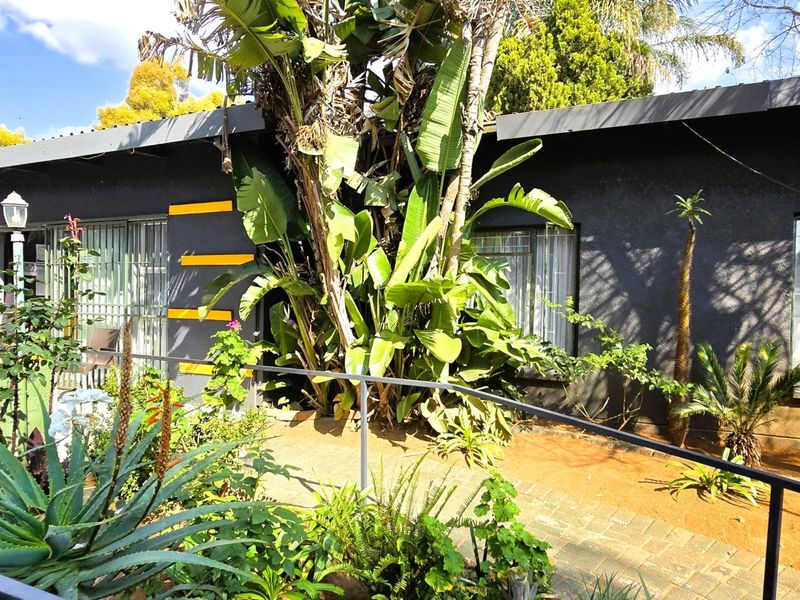 Rear exterior view of the property featuring a paved walkway, metal handrails, and established garden landscaping against the building facade.