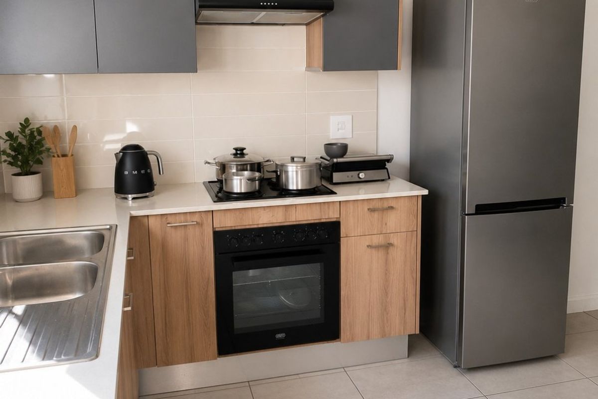 Modern kitchen featuring two-tone cabinetry, stone countertops, built-in oven, hob, extractor fan, and a stainless steel sink with tiled splashback.