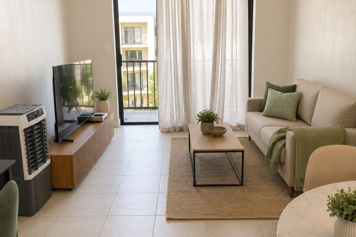 A bright and modern living room featuring neutral tiled flooring, a contemporary pendant light, and a sliding glass door leading to a balcony.