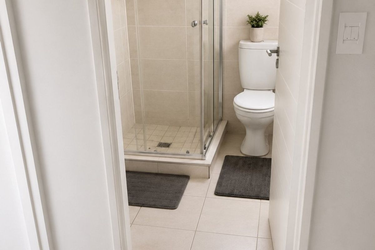 A clean and modern bathroom featuring a glass-enclosed shower, a standard toilet, and neutral floor-to-ceiling tiling.