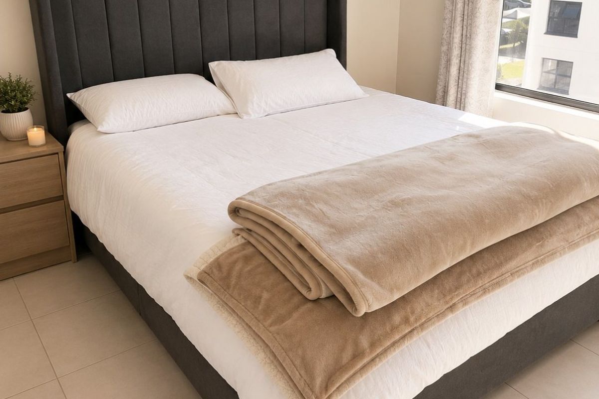 A well-lit bedroom featuring neutral tiled flooring and a large top-hung window, providing a clean and comfortable living space.