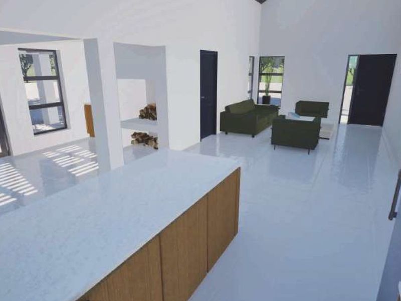 An open-plan living and kitchen area featuring a central island, built-in fireplace, and modern tiled flooring in a rendered architectural design.