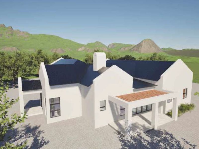 A 3D architectural rendering of a modern house exterior featuring a gabled roof, chimney, and a covered patio area set against a mountain backdrop.
