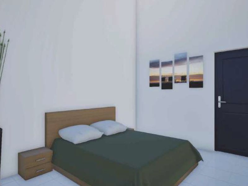 A simple bedroom featuring tiled flooring and a built-in wardrobe, presented as a digital render.