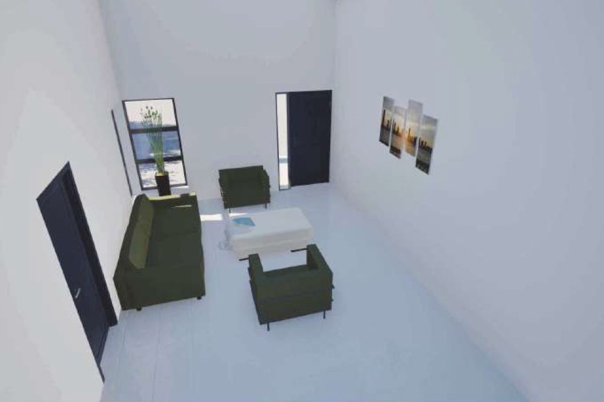A high-angle view of a minimalist living room featuring plain white walls, dark doors, and large windows.