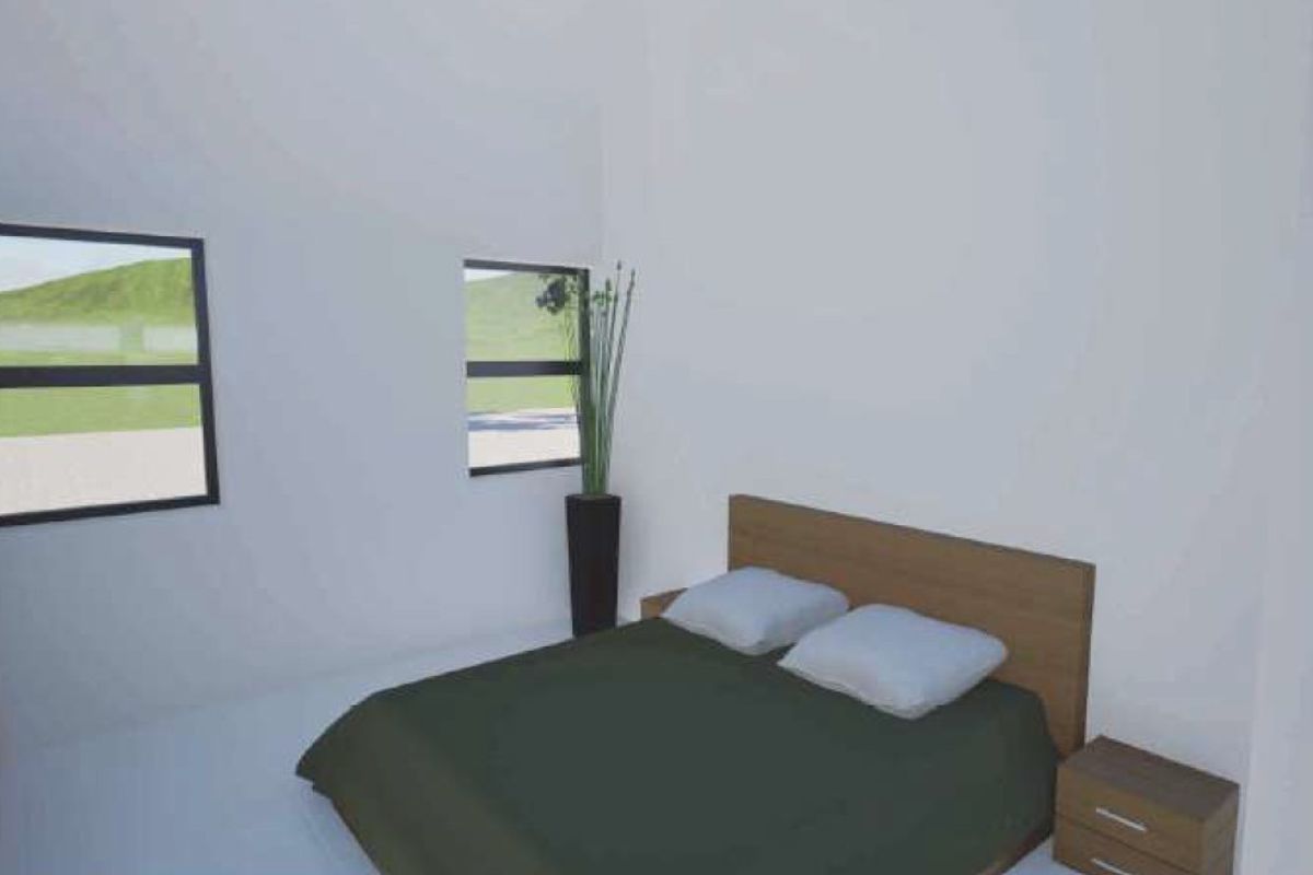 A simple bedroom interior featuring clean white walls and two casement windows, presented as a digital architectural rendering.
