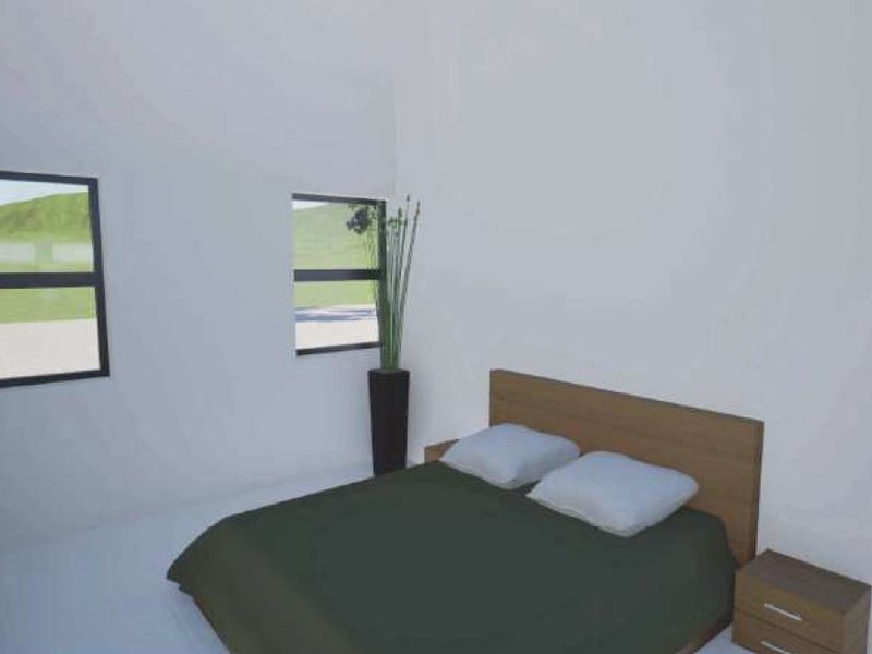 A simple bedroom interior featuring clean white walls and two casement windows, presented as a digital architectural rendering.