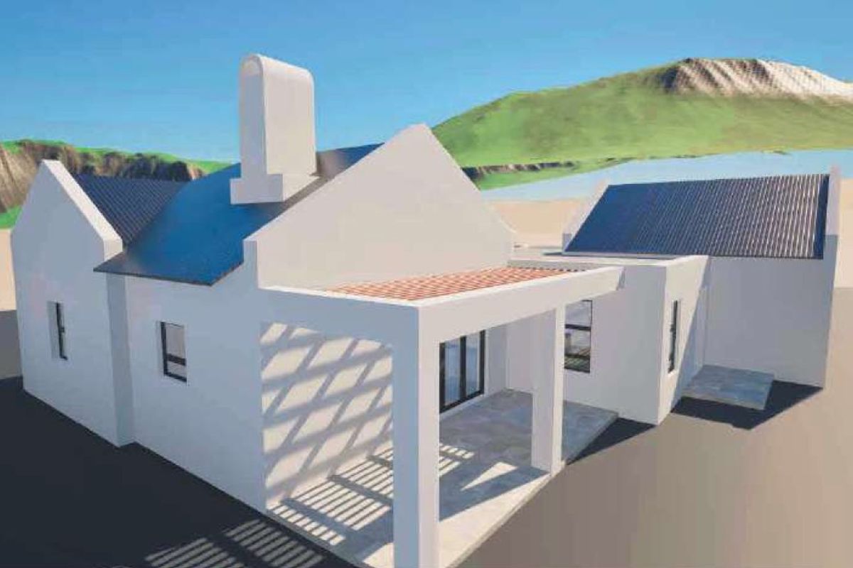 A 3D architectural rendering of a modern house exterior featuring a pitched roof, chimney, and a covered patio area.