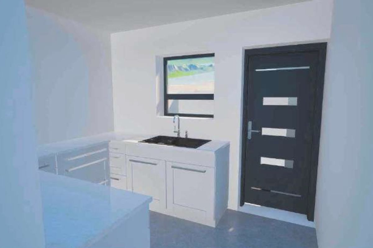 A minimalist kitchen area featuring white cabinetry, a sink, and a modern dark-toned exterior door.