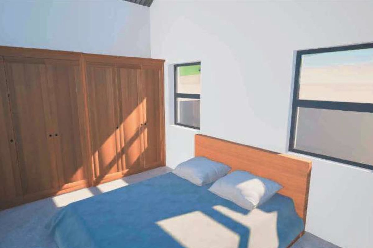 A bedroom featuring built-in wooden wardrobes and modern casement windows, presented as a digital architectural rendering.