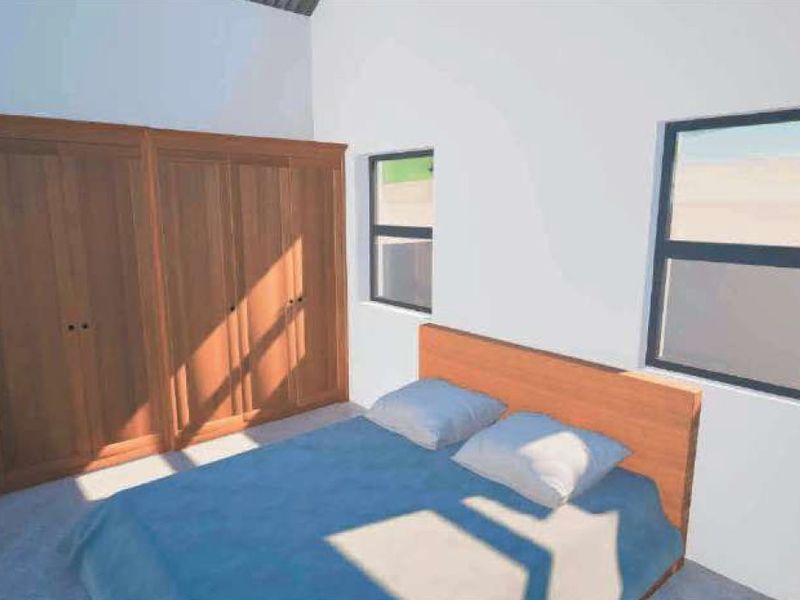 A bedroom featuring built-in wooden wardrobes and modern casement windows, presented as a digital architectural rendering.