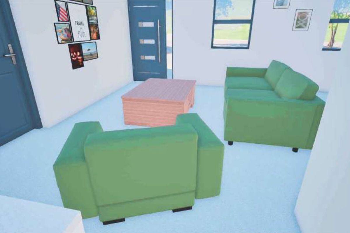 A digital rendering of a living room space featuring standard interior doors and window placement.