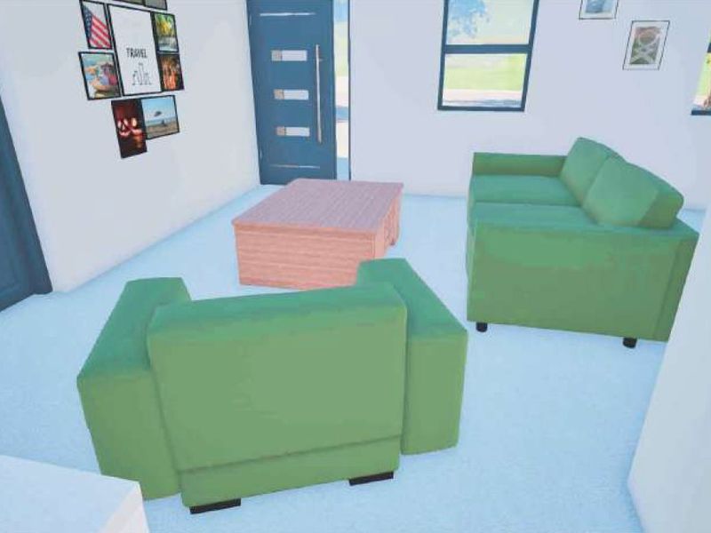 A digital rendering of a living room space featuring standard interior doors and window placement.