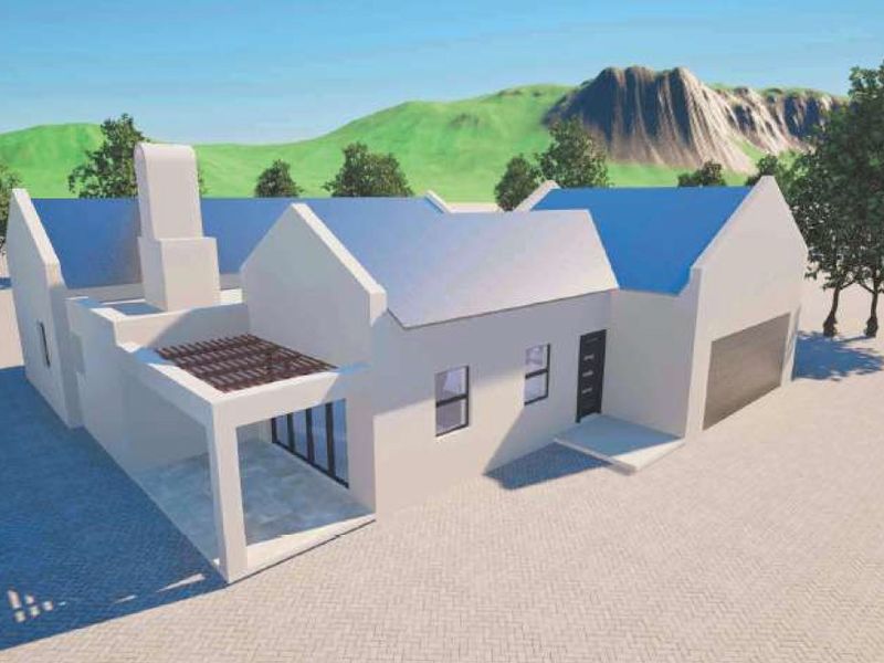 A 3D architectural rendering of a modern single-story house featuring a pitched roof, attached garage, and a covered patio area.