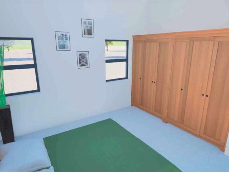 A bedroom featuring a large built-in wooden wardrobe and dual windows, presented as a digital architectural rendering.
