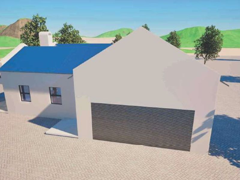 A digital rendering of a residential property featuring a garage, chimney, and paved driveway area.