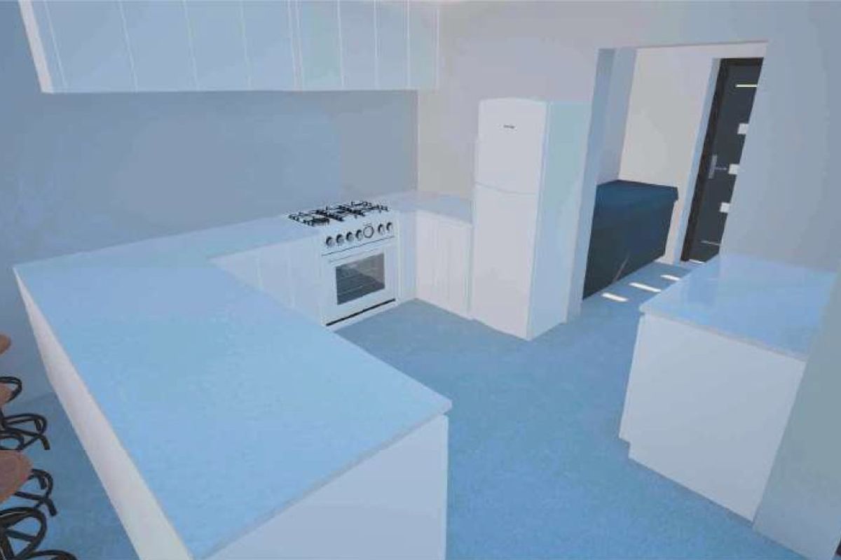 A digital rendering of a modern kitchen featuring white cabinetry, a gas cooktop, an oven, and a U-shaped countertop layout.