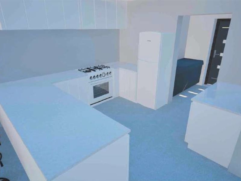 A digital rendering of a modern kitchen featuring white cabinetry, a gas cooktop, an oven, and a U-shaped countertop layout.