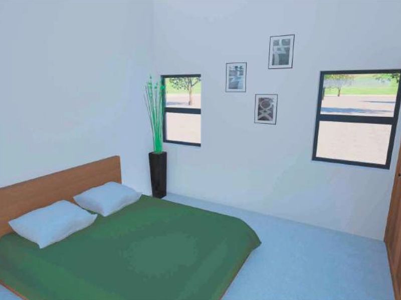 A bedroom featuring a built-in wardrobe and two windows, presented as a 3D digital render.