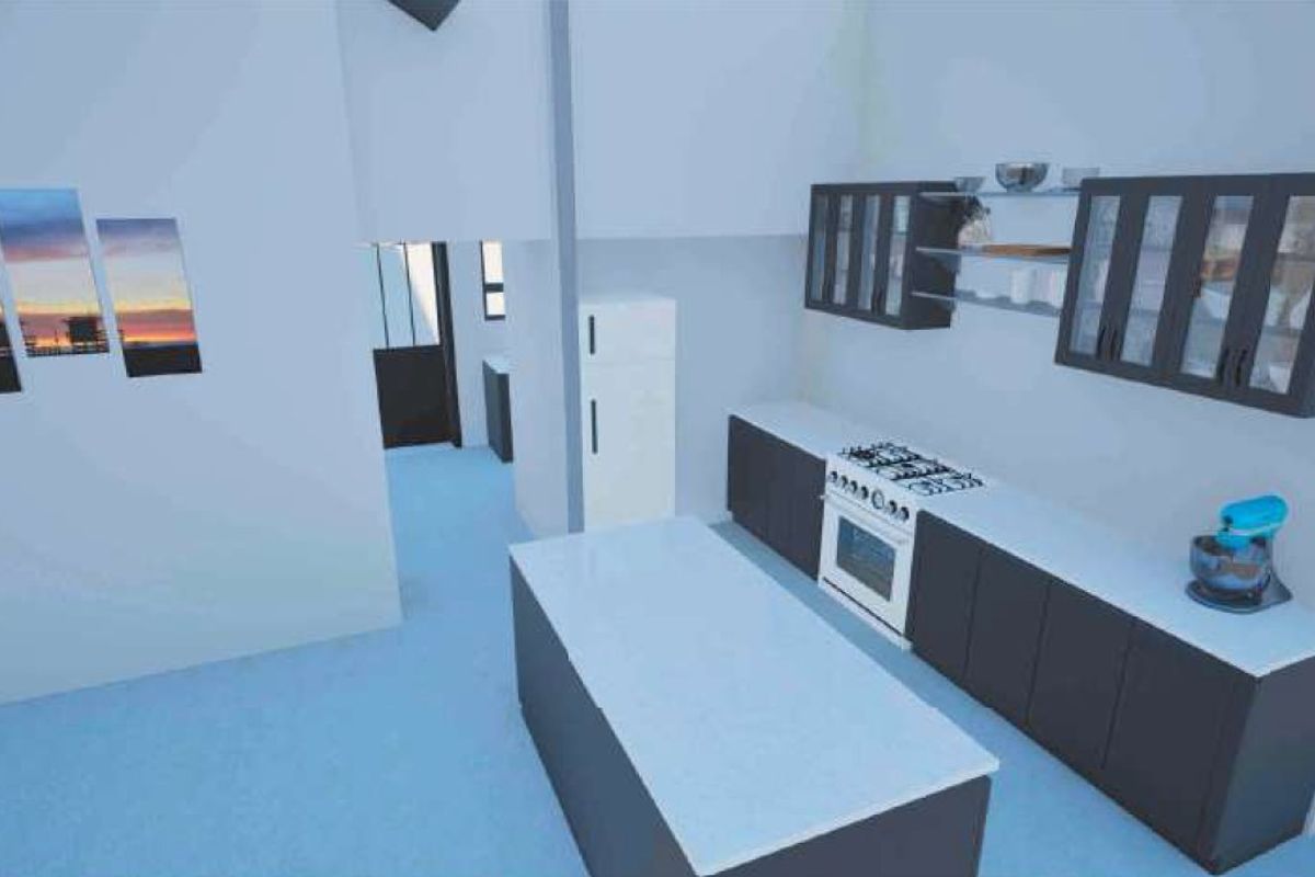 A modern kitchen featuring a central island, dark cabinetry, stone countertops, and integrated cooking appliances in a bright, open-plan layout.