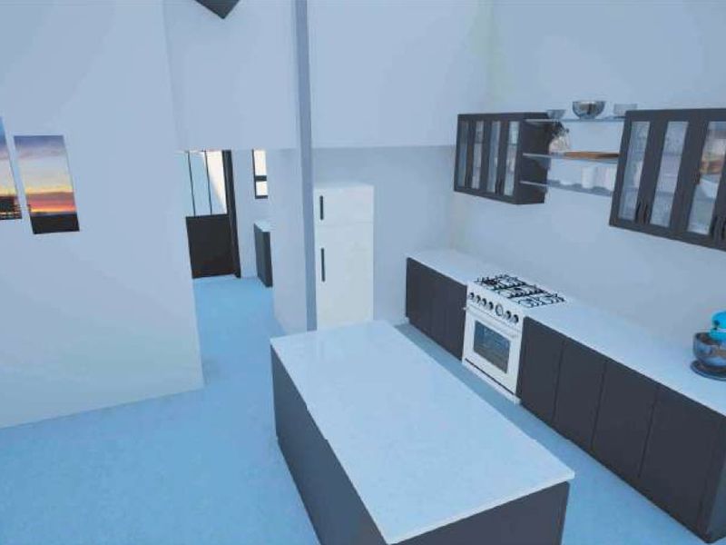 A modern kitchen featuring a central island, dark cabinetry, stone countertops, and integrated cooking appliances in a bright, open-plan layout.