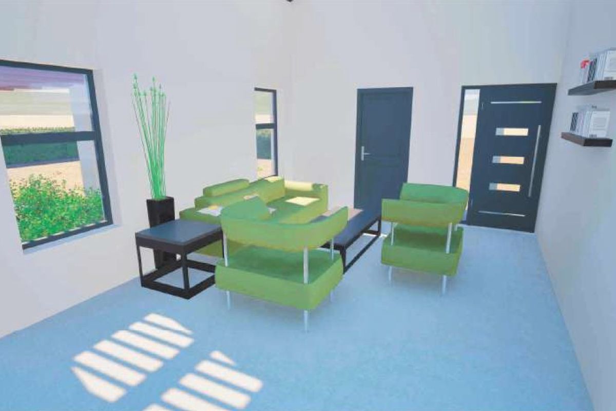 A bright living room area featuring modern aluminium window frames and secure entrance doors, presented as a digital architectural visualization.
