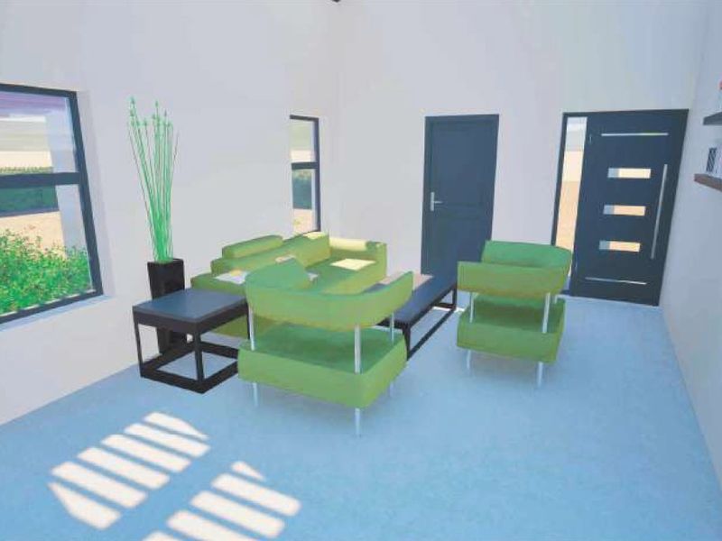 A bright living room area featuring modern aluminium window frames and secure entrance doors, presented as a digital architectural visualization.