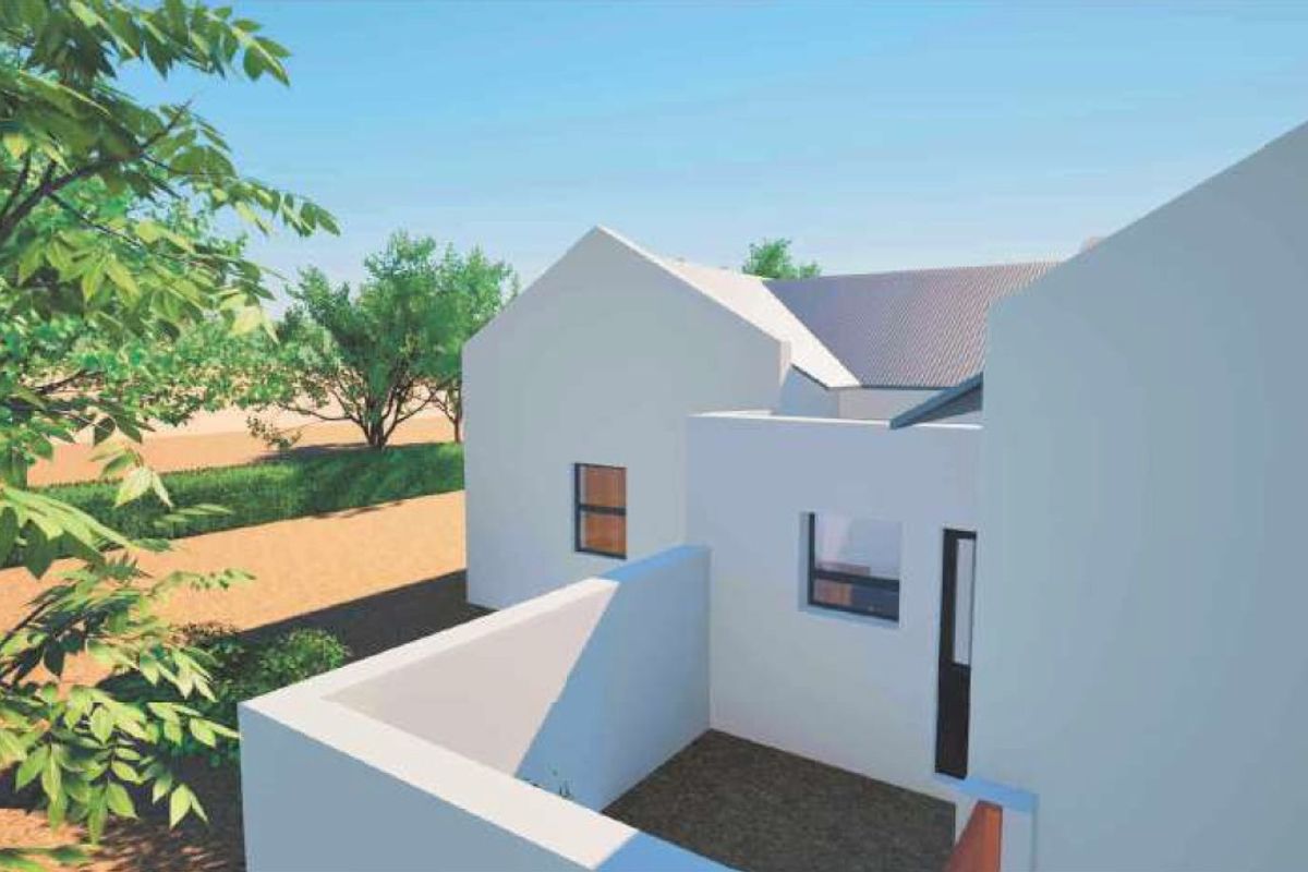 A modern architectural rendering of a house exterior featuring clean white plastered walls, a pitched roof, and a private enclosed courtyard area.