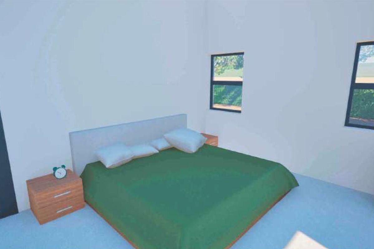 A bedroom interior featuring a bed and windows, presented as a digital 3D render.