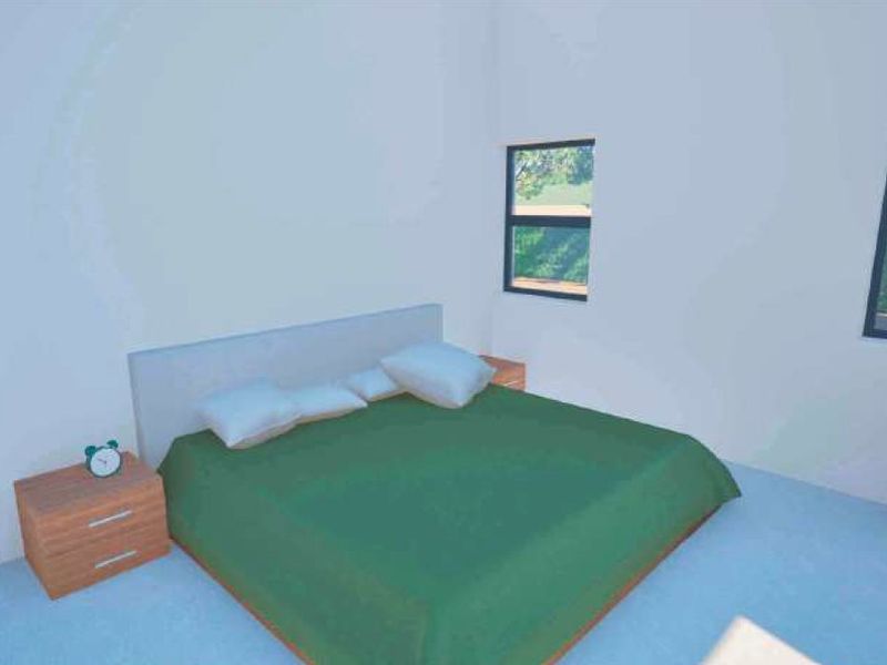 A bedroom interior featuring a bed and windows, presented as a digital 3D render.