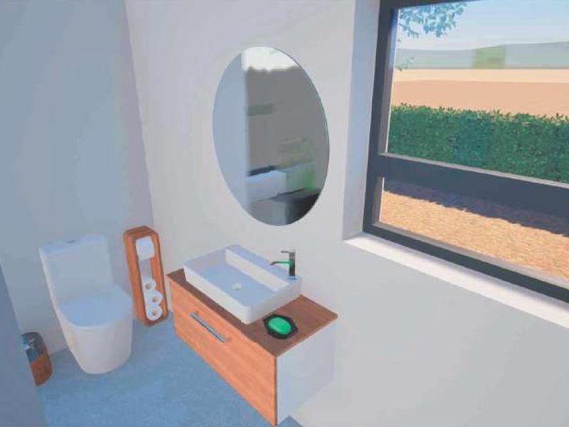 A modern bathroom featuring a wall-mounted vanity with a vessel sink, a round mirror, and a toilet, illuminated by a large window.