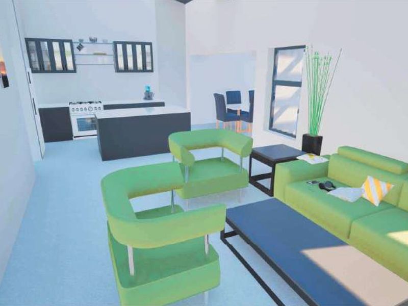 An open-plan living and kitchen area featuring a modern kitchen layout and integrated living space, presented as a digital 3D rendering.