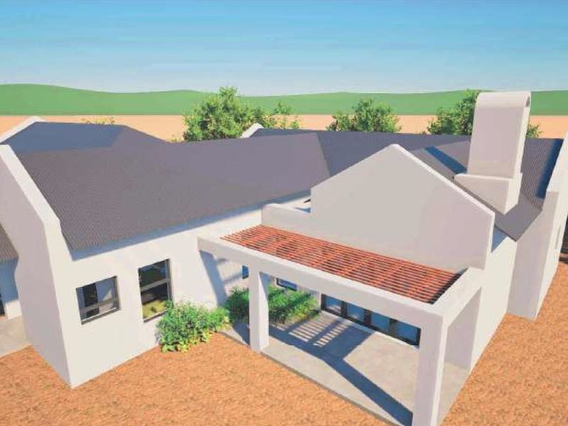 Aerial perspective of a modern residential property featuring a corrugated metal roof, masonry chimney, and a timber-framed covered patio area.