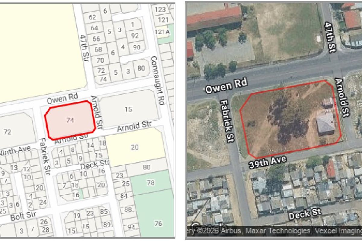Aerial view and map layout of a vacant residential corner plot located at the intersection of Owen Road and Arnold Street.