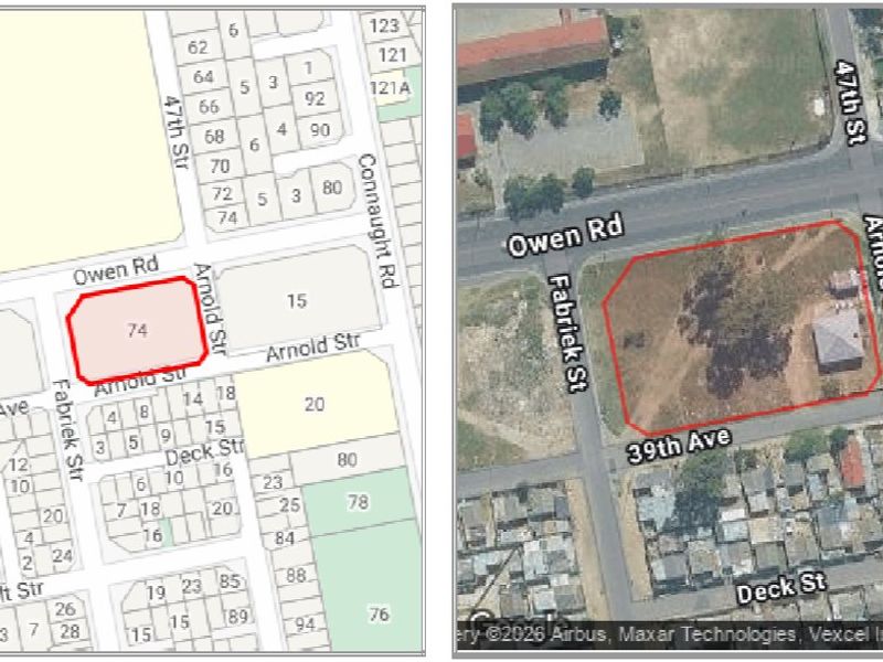 Aerial view and map layout of a vacant residential corner plot located at the intersection of Owen Road and Arnold Street.