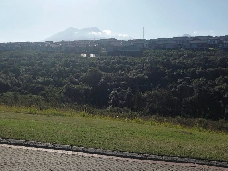 A scenic view overlooking a lush green valley with a residential estate and mountain range in the background.