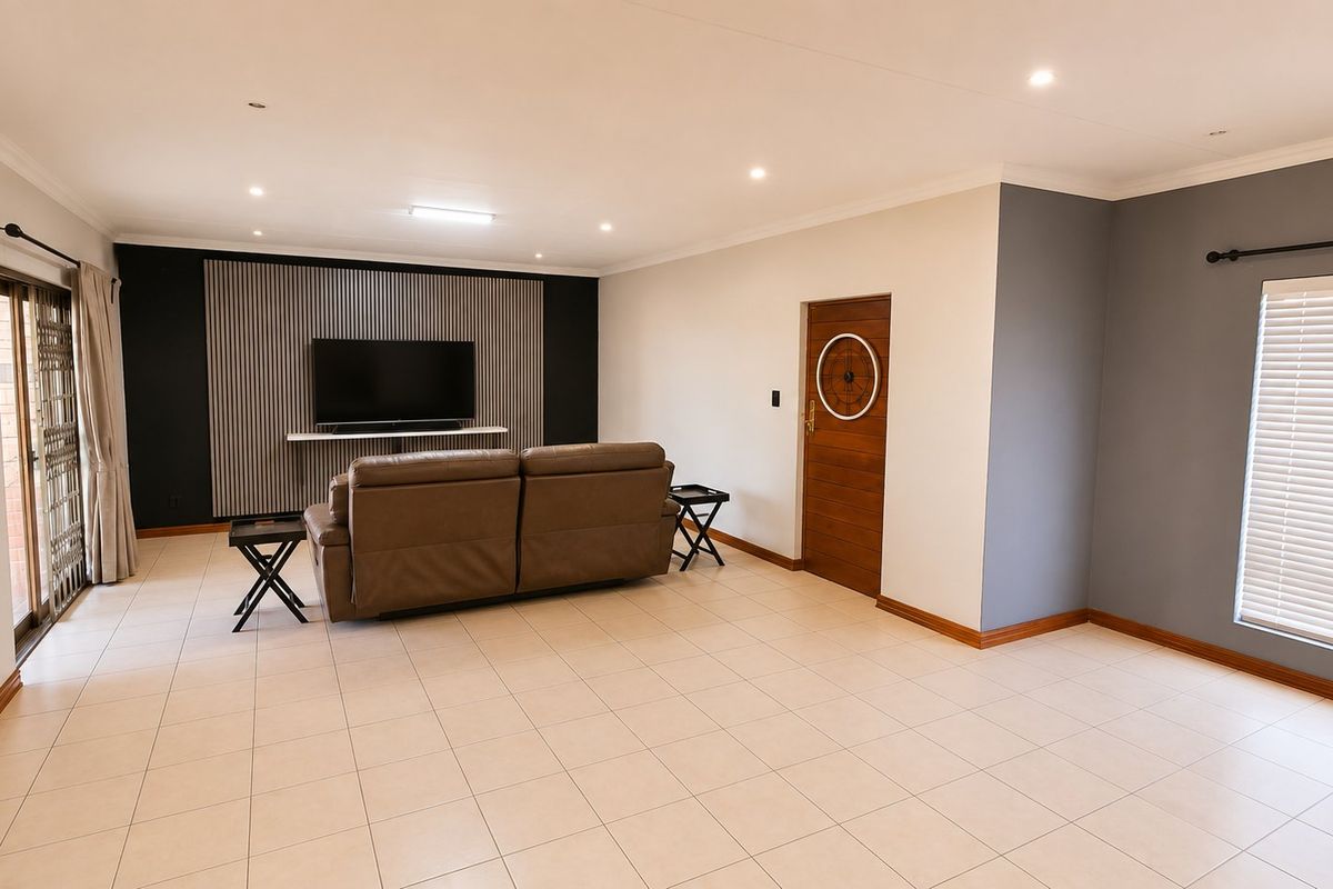 Spacious living room featuring neutral tiled flooring, recessed downlighting, and a modern slatted feature wall with direct access to the outdoor area.