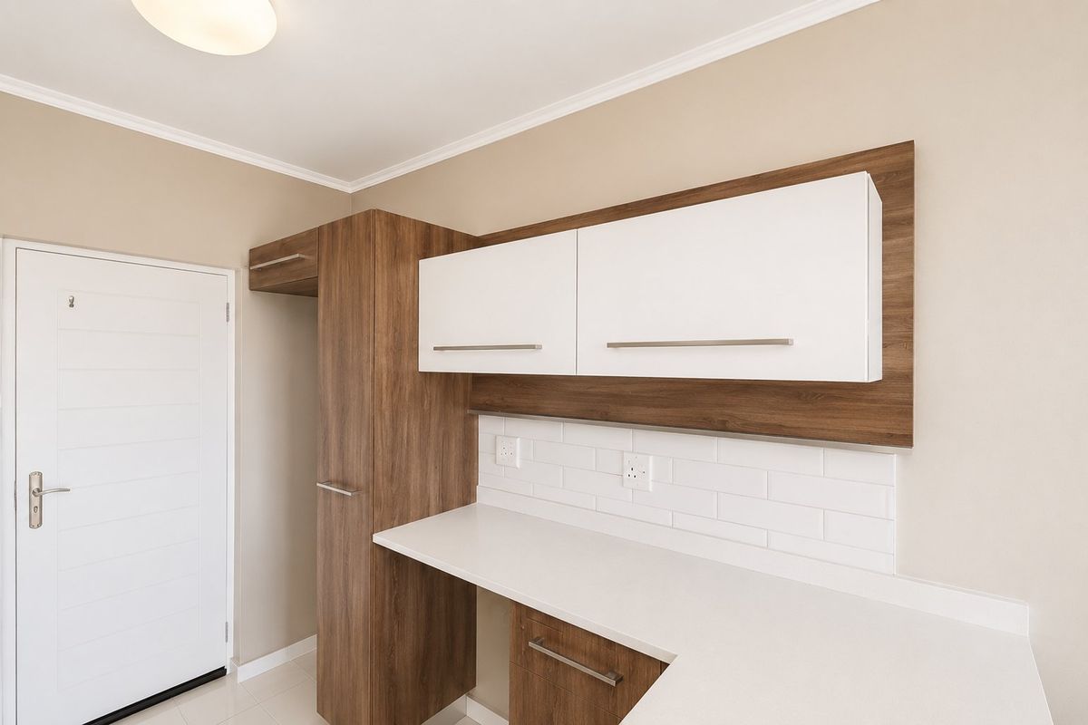 A modern kitchen area featuring wood-grain cabinetry, white countertops, and a subway tile backsplash, providing a clean and functional workspace.