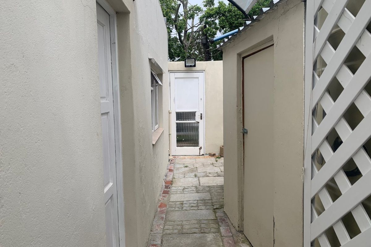 A narrow exterior side passage featuring paved flooring, security lighting, and access doors leading to the rear of the property.