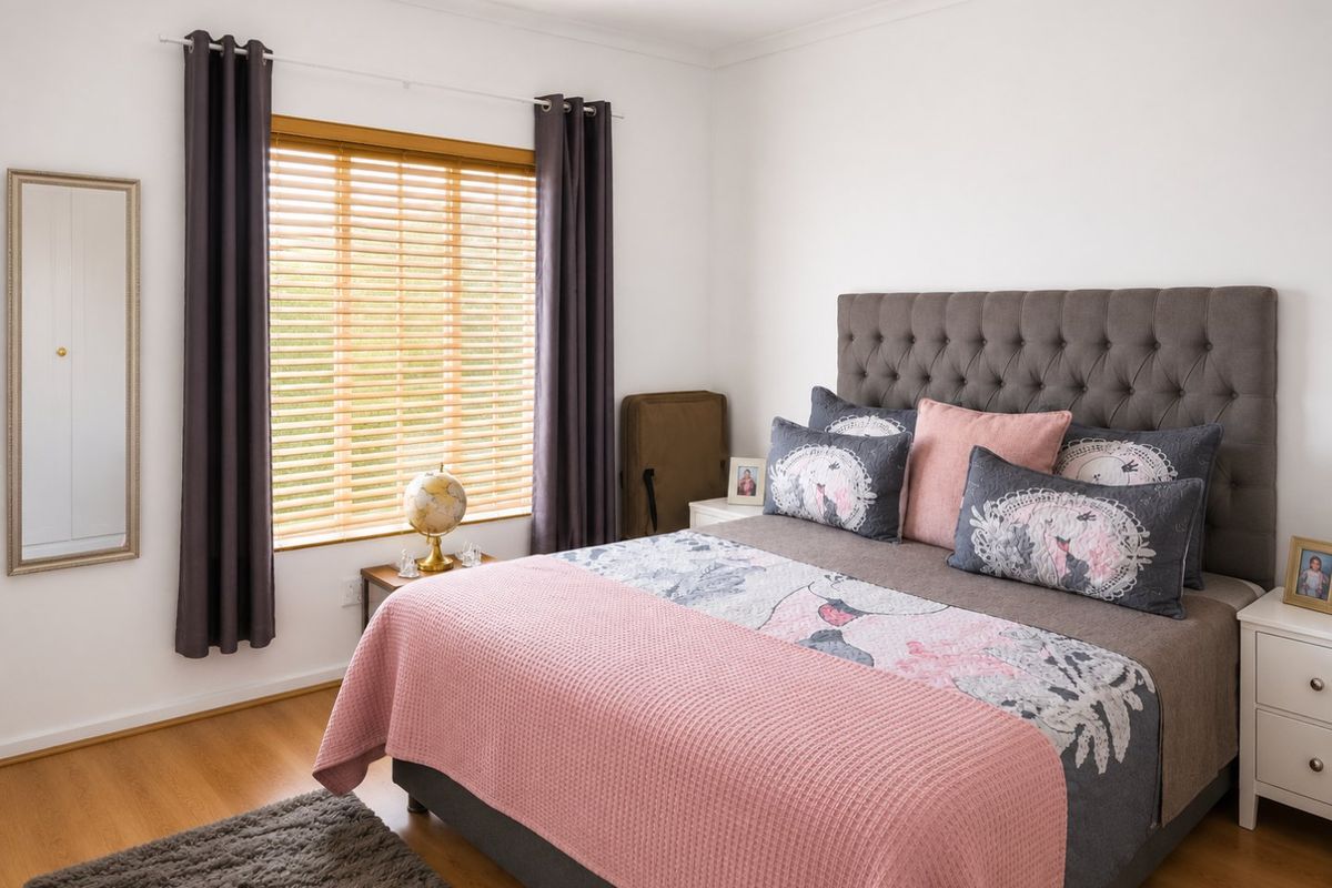A well-maintained bedroom featuring timber flooring, neutral walls, and timber venetian blinds, offering a clean and comfortable living space.